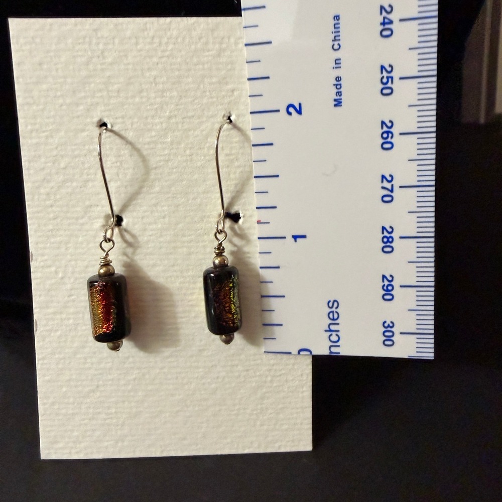 Dichroic Glass Bead Drop‎ Earrings Iridescent blk copper Cylinder Stephanie Aune - Picture 4 of 5
